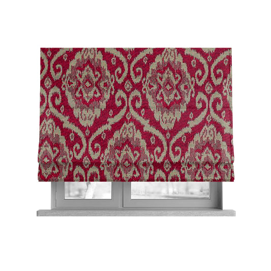 Red Beige Coloured Chenille Damask Ornate Pattern Furnishings Upholstery Fabric JO-1338 - Roman Blinds