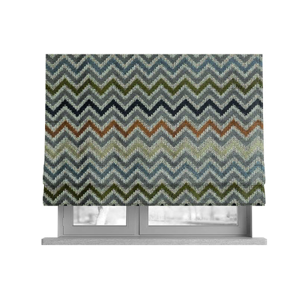 Chevron Pattern Cut Velvet Material Multi Coloured Green Grey Blue Colours Upholstery Fabric JO-1339 - Roman Blinds