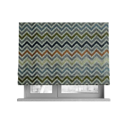 Chevron Pattern Cut Velvet Material Multi Coloured Green Grey Blue Colours Upholstery Fabric JO-1339 - Roman Blinds