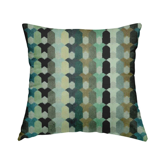 Modern Geometric Pattern In Blue Teal Brown Colours Soft Velvet Upholstery Fabric JO-1358 - Handmade Cushions