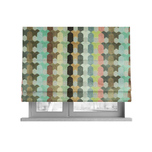 Modern Geometric Pattern In Pastel Coloured Pink Brown Colours Soft Velvet Upholstery Fabric JO-1359 - Roman Blinds