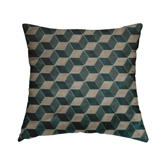 Akita Geometric 3D Pattern Velvet Fabric In Teal Silver Colour - Handmade Cushions