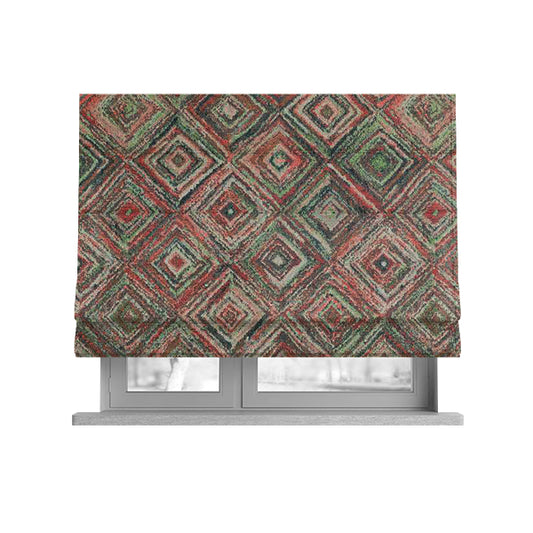 Cubed Geometric Inspired Pattern Green Pink Blue Coloured Chenille Upholstery Fabric JO-1372 - Roman Blinds