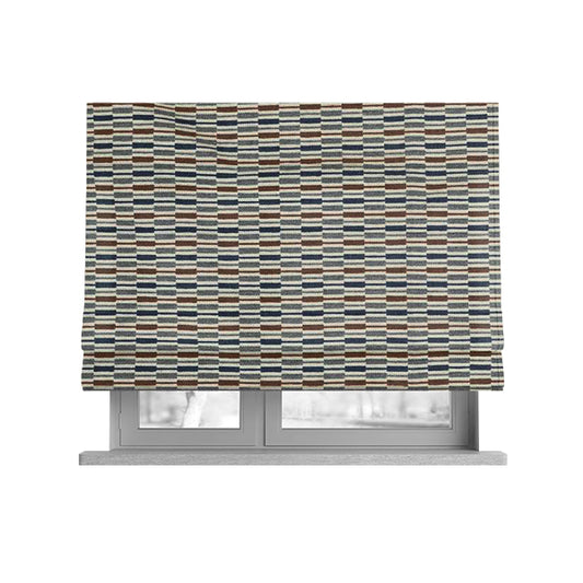 Layered Bricked Geometric Pattern Blue Brown Grey Coloured Chenille Upholstery Furnishing Fabric JO-1373 - Roman Blinds
