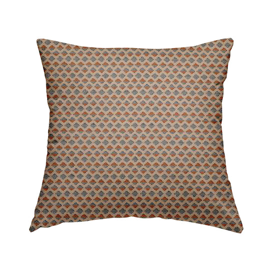 Small Geometric Pattern Beige Blue Orange Coloured Chenille Upholstery Fabric JO-1379 - Handmade Cushions