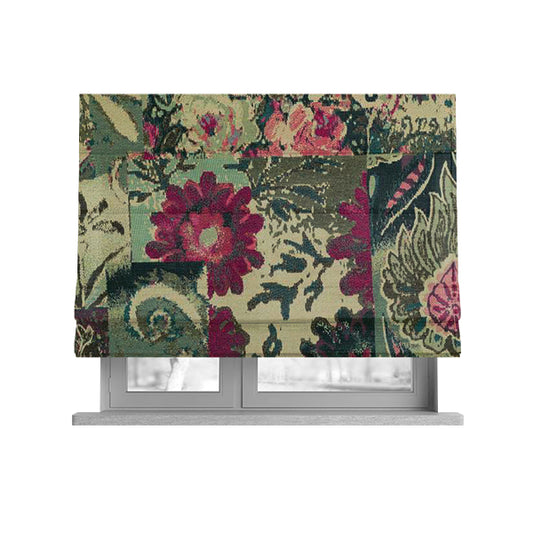 Floral Flower Inspired Patchwork Pattern Green Pink Teal Coloured Chenille Upholstery Fabric JO-1415 - Roman Blinds