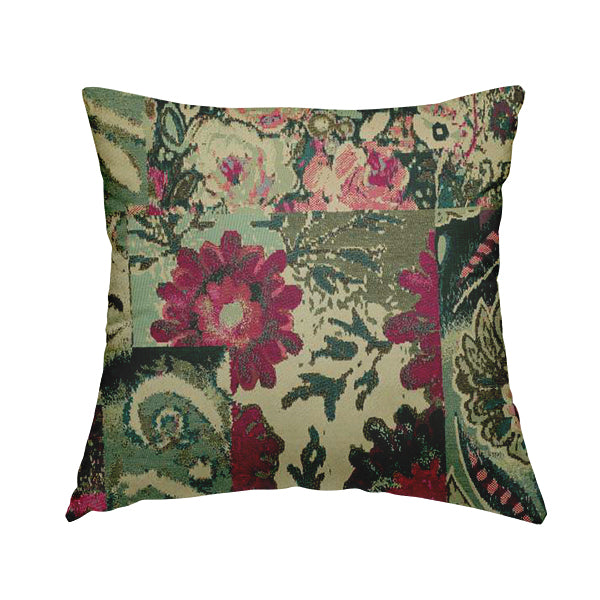 Floral Flower Inspired Patchwork Pattern Green Pink Teal Coloured Chenille Upholstery Fabric JO-1415 - Handmade Cushions