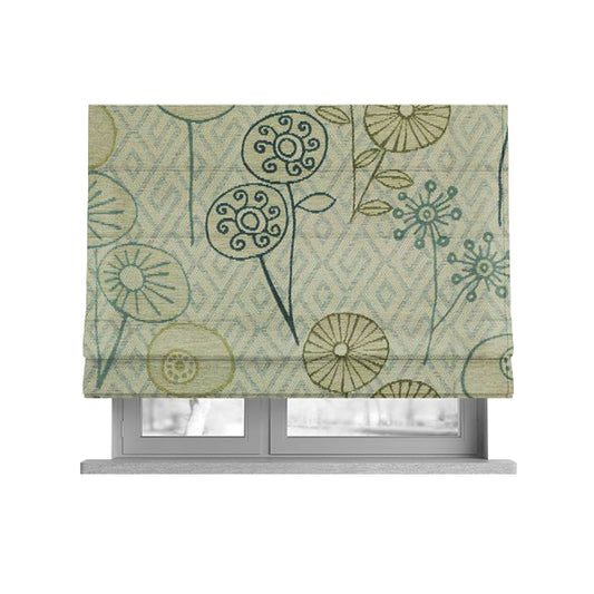 Floral Theme Pattern Blue Green Coloured Soft Chenille Textured Material Upholstery Fabric JO-1422 - Roman Blinds