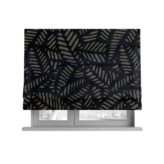 Palm Leaf Jungle Inspired Pattern Black Coloured Soft Velvet Textured Upholstery Fabric JO-1425 - Roman Blinds