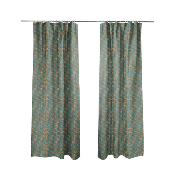 Teal Shiny Gold Colour Geometric Chevron Pattern Chenille Upholstery Fabric JO-1016 - Made To Measure Curtains