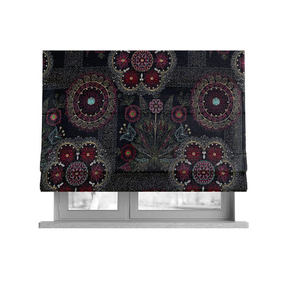 Zamorin Detailed Colourful Weave Patchwork Theme Pattern Black Multicoloured Chenille Fabric JO-1431 - Roman Blinds