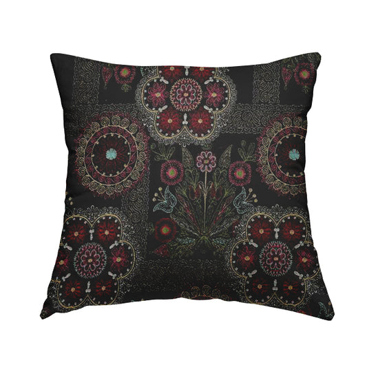 Zamorin Detailed Colourful Weave Patchwork Theme Pattern Black Multicoloured Chenille Fabric JO-1431 - Handmade Cushions