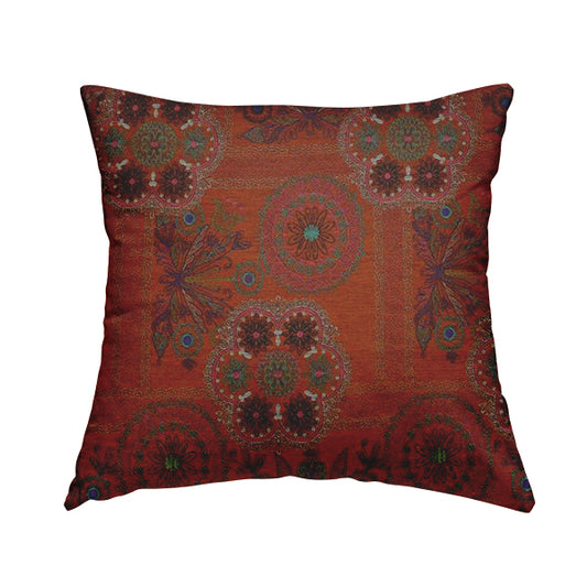 Zamorin Detailed Colourful Weave Patchwork Theme Pattern Orange Multicoloured Chenille Fabric JO-1432 - Handmade Cushions