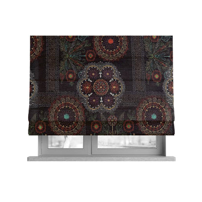 Zamorin Detailed Colourful Weave Patchwork Theme Pattern Brown Multicoloured Chenille Fabric JO-1433 - Roman Blinds
