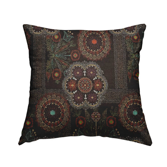 Zamorin Detailed Colourful Weave Patchwork Theme Pattern Brown Multicoloured Chenille Fabric JO-1433 - Handmade Cushions