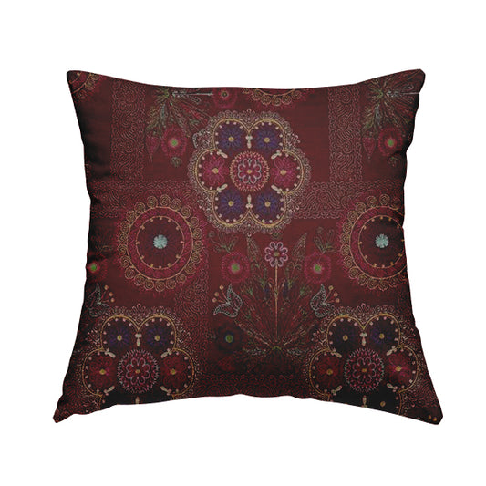 Zamorin Detailed Colourful Weave Patchwork Theme Pattern Red Multicoloured Chenille Fabric JO-1434 - Handmade Cushions