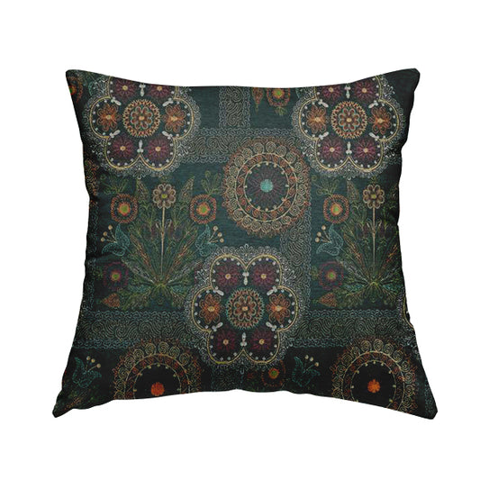 Zamorin Detailed Colourful Weave Patchwork Theme Pattern Teal Blue Multicoloured Chenille Fabric JO-1435 - Handmade Cushions