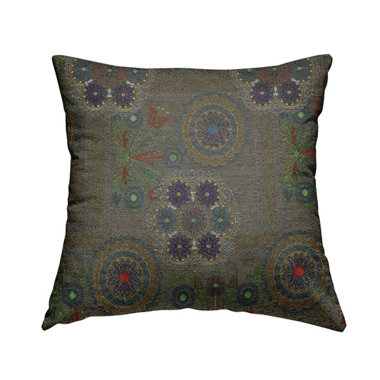 Zamorin Detailed Colourful Weave Patchwork Theme Pattern Grey Multicoloured Chenille Fabric JO-1436 - Handmade Cushions