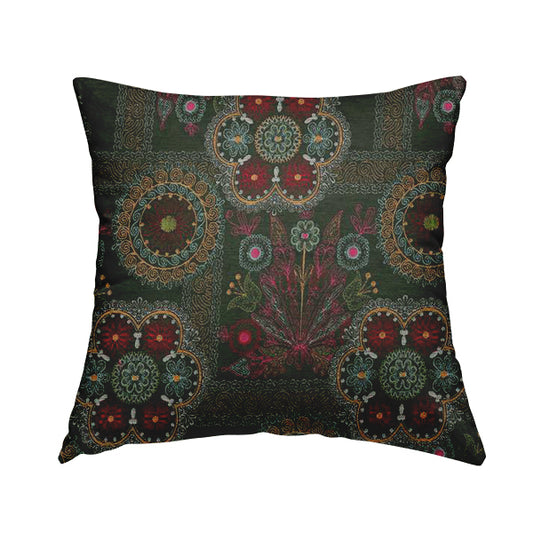Zamorin Detailed Colourful Weave Patchwork Theme Pattern Green Multicoloured Chenille Fabric JO-1437 - Handmade Cushions