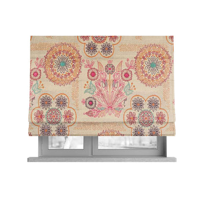 Zamorin Detailed Colourful Weave Patchwork Theme Pattern Cream Multicoloured Chenille Fabric JO-1438 - Roman Blinds