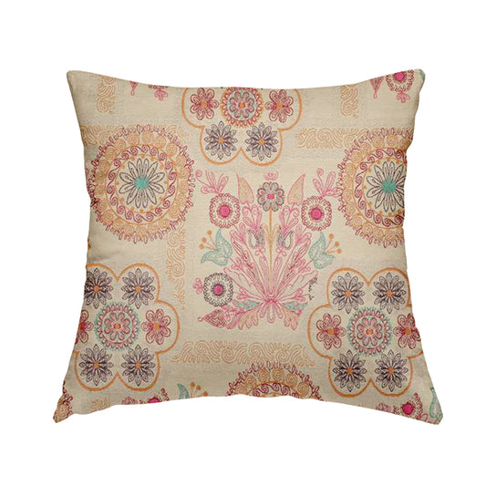 Zamorin Detailed Colourful Weave Patchwork Theme Pattern Cream Multicoloured Chenille Fabric JO-1438 - Handmade Cushions