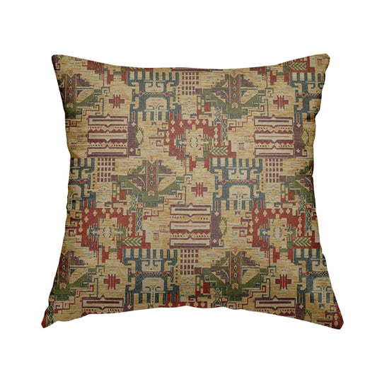 Zoque Kilim Tribal Theme Patchwork Intricate Pattern Beige Colour Chenille Fabric JO-1440 - Handmade Cushions