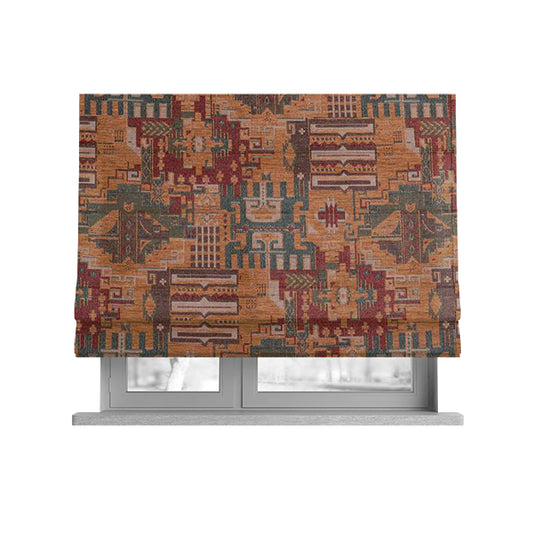 Zoque Kilim Tribal Theme Patchwork Intricate Pattern Golden Orange Colour Chenille Fabric JO-1441 - Roman Blinds