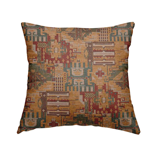 Zoque Kilim Tribal Theme Patchwork Intricate Pattern Golden Orange Colour Chenille Fabric JO-1441 - Handmade Cushions