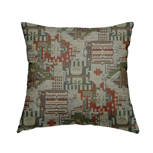Zoque Kilim Tribal Theme Patchwork Intricate Pattern Grey Colour Chenille Fabric JO-1442 - Handmade Cushions