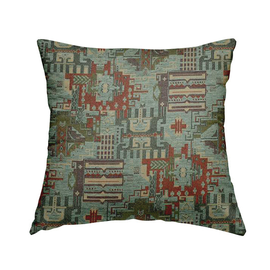 Zoque Kilim Tribal Theme Patchwork Intricate Pattern Blue Colour Chenille Fabric JO-1443 - Handmade Cushions