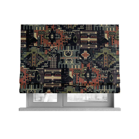 Zoque Kilim Tribal Theme Patchwork Intricate Pattern Black Colour Chenille Fabric JO-1444 - Roman Blinds