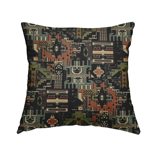 Zoque Kilim Tribal Theme Patchwork Intricate Pattern Black Colour Chenille Fabric JO-1444 - Handmade Cushions