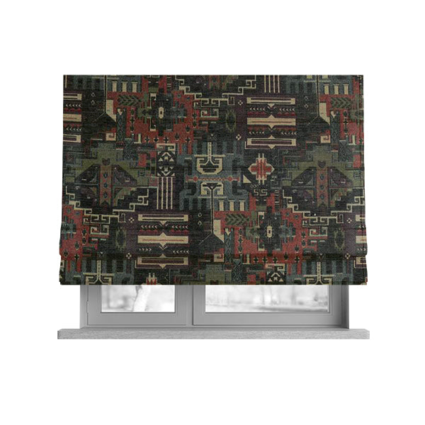 Zoque Kilim Tribal Theme Patchwork Intricate Pattern Green Colour Chenille Fabric JO-1445 - Roman Blinds