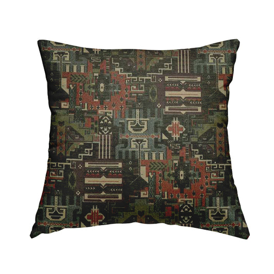 Zoque Kilim Tribal Theme Patchwork Intricate Pattern Green Colour Chenille Fabric JO-1445 - Handmade Cushions