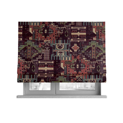 Zoque Kilim Tribal Theme Patchwork Intricate Pattern Burgundy Colour Chenille Fabric JO-1446 - Roman Blinds
