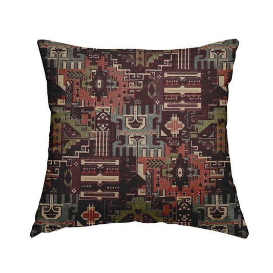 Zoque Kilim Tribal Theme Patchwork Intricate Pattern Burgundy Colour Chenille Fabric JO-1446 - Handmade Cushions