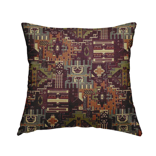 Zoque Kilim Tribal Theme Patchwork Intricate Pattern Purple Colour Chenille Fabric JO-1448 - Handmade Cushions
