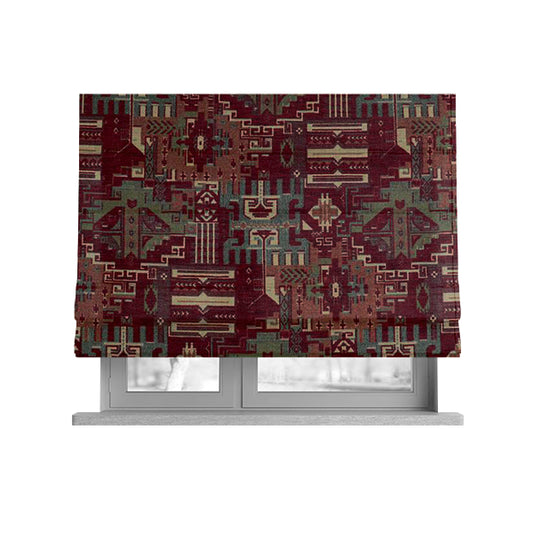 Zoque Kilim Tribal Theme Patchwork Intricate Pattern Red Colour Chenille Fabric JO-1450 - Roman Blinds