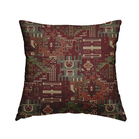 Zoque Kilim Tribal Theme Patchwork Intricate Pattern Red Colour Chenille Fabric JO-1450 - Handmade Cushions