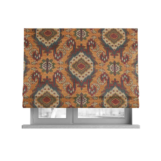 Mazahua Tribal Theme Damask Intricate Pattern Golden Orange Coloured Chenille Fabric JO-1454 - Roman Blinds