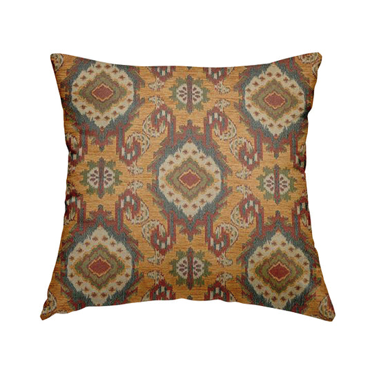 Mazahua Tribal Theme Damask Intricate Pattern Golden Orange Coloured Chenille Fabric JO-1454 - Handmade Cushions