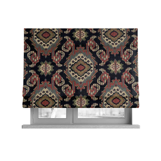 Mazahua Tribal Theme Damask Intricate Pattern Black Coloured Chenille Fabric JO-1455 - Roman Blinds