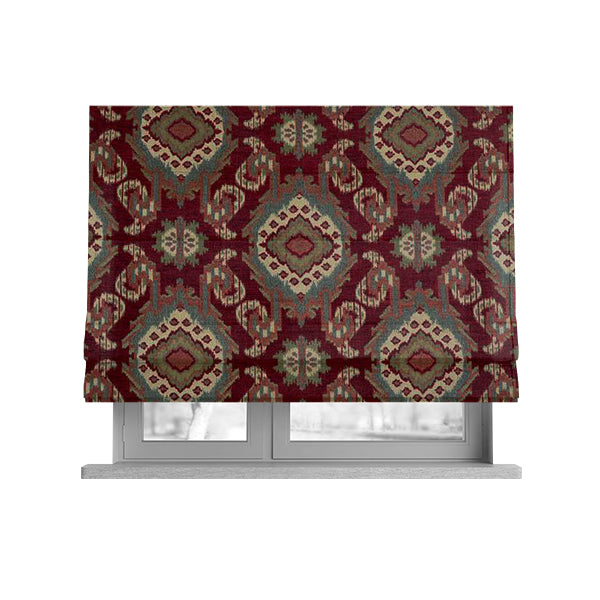 Mazahua Tribal Theme Damask Intricate Pattern Red Coloured Chenille Fabric JO-1460 - Roman Blinds