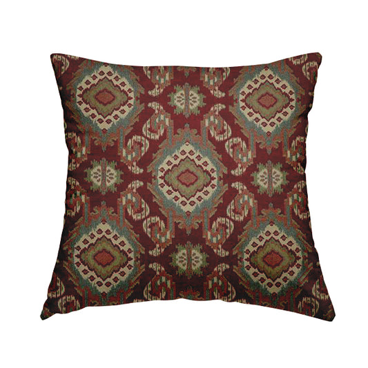 Mazahua Tribal Theme Damask Intricate Pattern Red Coloured Chenille Fabric JO-1460 - Handmade Cushions