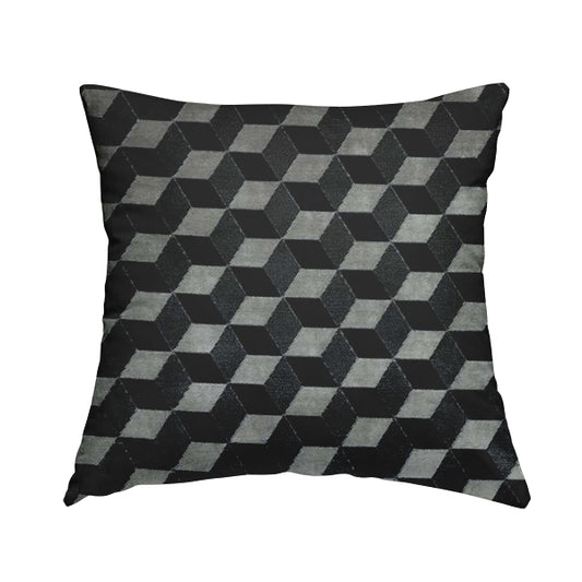 Akita Geometric 3D Pattern Velvet Fabric In Navy Blue Silver Colour - Handmade Cushions