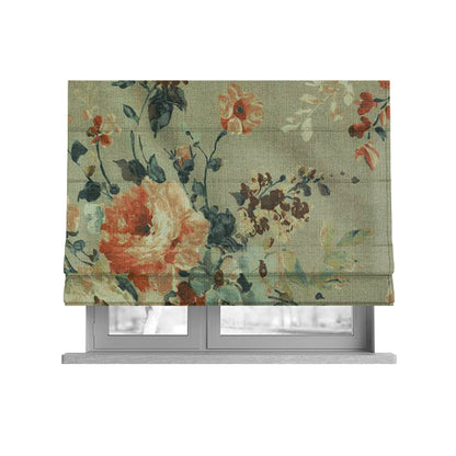 Bukoba Floral Printed Pattern On Linen Effect Material Orange Colour Furnishing Interior Upholstery Fabric - Roman Blinds