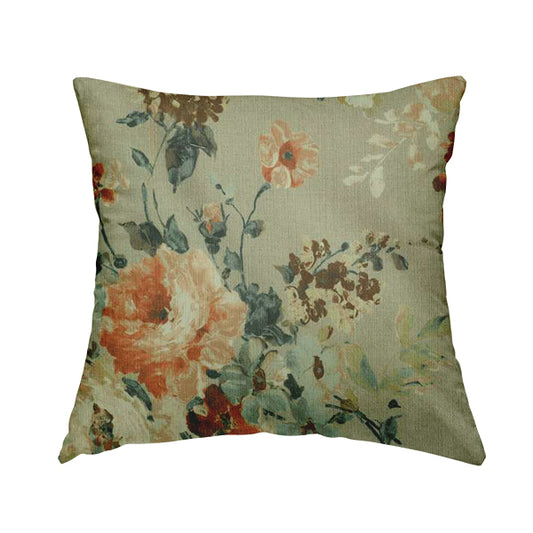 Bukoba Floral Printed Pattern On Linen Effect Material Orange Colour Furnishing Interior Upholstery Fabric - Handmade Cushions