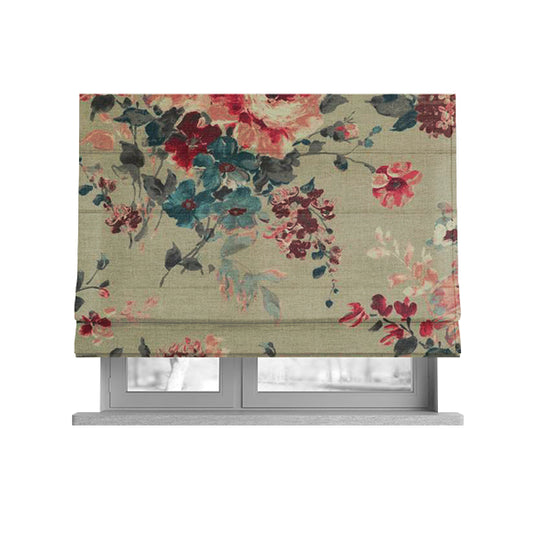 Bukoba Floral Printed Pattern On Linen Effect Material Red Colour Furnishing Interior Upholstery Fabric - Roman Blinds