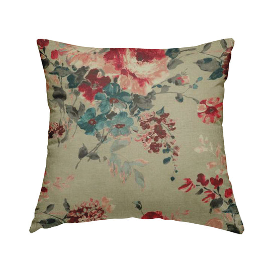 Bukoba Floral Printed Pattern On Linen Effect Material Red Colour Furnishing Interior Upholstery Fabric - Handmade Cushions