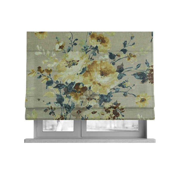 Bukoba Floral Printed Pattern On Linen Effect Material Yellow Colour Furnishing Interior Upholstery Fabric - Roman Blinds